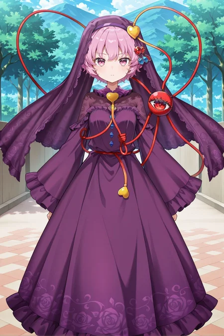 absurdres, highres, masterpiece, best quality, amazing quality, official anime artwork, screencap, anime screencap, looking at viewer, outdoors, serious,
<lora:Komeiji-Satori_IllustriousV2:1> komeiji satori, 1girl, solo, pink eyes, pink hair, short hair, third eye,, komeiji satori \(midnight mentalist\), alternate costume, lace-trimmed veil, heart hair ornament, gemstone hair ornament, blue gemstone, red gemstone, purple bow, purple collar, purple dress, frilled sleeves, wide sleeves, lace-trimmed dress, see-through cleavage, print dress, detached sleeves,