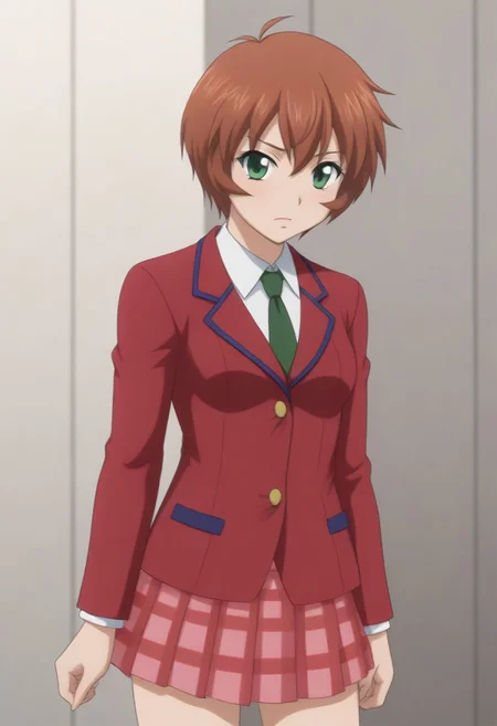 source_anime, anime screencap, source_anime, auratheguillotine, anime screencap, masterpiece, source_anime, shiny skin, 1girl, chinkyuu koudai, short hair, brown hair, green eyes, <lora:chinkyuu_pony-000007:0.8> red blazer, white shirt, green necktie, plaid skirt, pleated skirt,