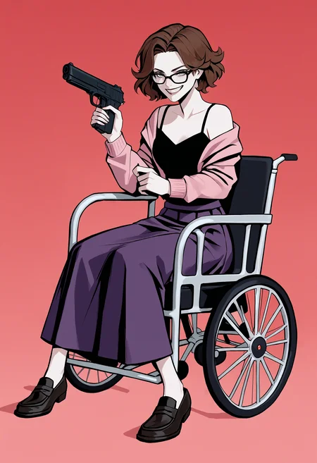 score_9, score_8_up, score_7_up, score_6_up, score_5_up, score_4_up,
BREAK
1girl, olivia funger, brown hair, short hair, black-framed eyewear, grey eyes, wavy hair, evil smile,
BREAK
sitting, wheelchair, dual wielding, handgun, black camisole, pink sweater, sweater under shirt, purple skirt, long skirt, black loafers,
BREAK
red background, dynamic pose, dark, <lora:Lunas-Olivia-Funger-SDXL-A1:1> <lora:Lunas-DonghoKang-SDXL-A1:1>
