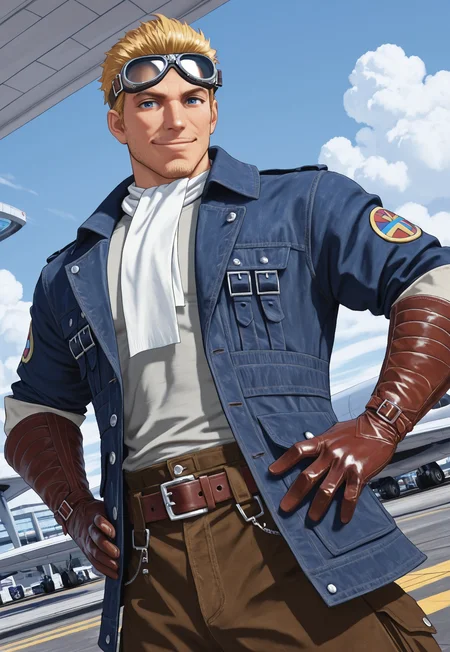 masterpiece, best quality, amazing quality, CidHighwindFF, short hair, blonde hair, blue eyes, stubble, mature male, muscular, bandaid, aviator goggles, blue denim jacket, white scarf, grey shirt, brown leather gloves, belt, brown pants, looking at viewer, smile, dynamic pose, detailed background, dutch angle, cowboy shot, airport, blue sky, clouds, upper body, hands on hips,