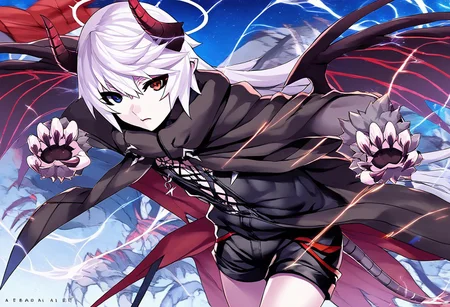 Score_9, Score_8_up, Score_7_up, Score_6_up, Score_5_up, Source_anime, rating_safe, 1boy, Vandelieu, emotionless face, white hair, heterochromia, red and blue eyes, black shirt, black shorts, black trenchcoat, walking, looking at viewer, {{{claw, sharp nails, very long fingernails:2}}}, claw pose, seraph wings, 6 wings, red crown halo, demon horns, ram horns, dark kingdom, dutch angle