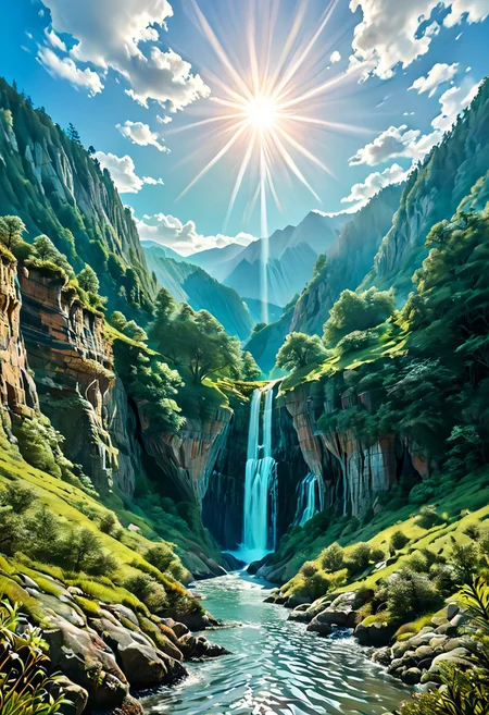 Stable_Yogis_PDXL_Positives,
A sprawling valley of cascading waterfalls cutting through layered sandstone cliffs, viewed from a sweeping aerial perspective that reveals turquoise plunge pools and winding river networks. Golden-hour sunlight pierces mist rising from thunderous falls, illuminating intricate textures of water-smoothed rock strata and vibrant moss colonies clinging to vertical surfaces. Close-up details of fern fronds trembling in the perpetual spray, their fractal patterns echoed in the dendritic river deltas below. Low-angle shots framing monolithic cliff faces against swirling cloud formations, while tracking perspectives follow ibex traversing narrow ledges above abyssal gorges. Ultra-detailed 8k rendering captures every water droplet in mid-air suspension and crystalline reflections in ancient rockpools. A symphony of emerald, amber, and sapphire hues created by mineral-rich waters, lichen communities, and twilight's deepening azure gradients across the canyon's stratified geology.