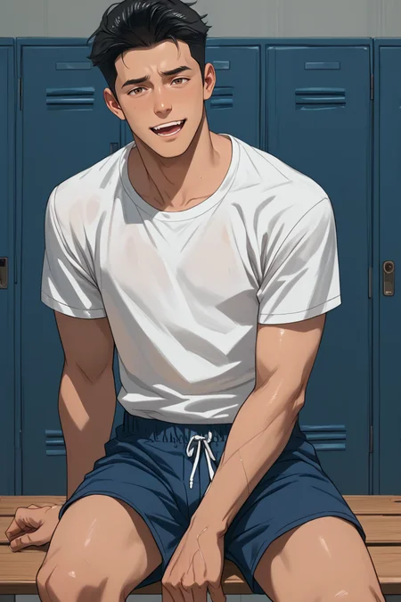 gay male, zPDXLxxx, source_anime, score_9, score_8_up, score_7_up, score_6_up, score_5_up, score_4_up <lora:Mark_Grayson_Pony:1> mark_grayson, brown eyes, black hair, parody, young, white shirt, blue gym shorts, laughing happily, school locker room