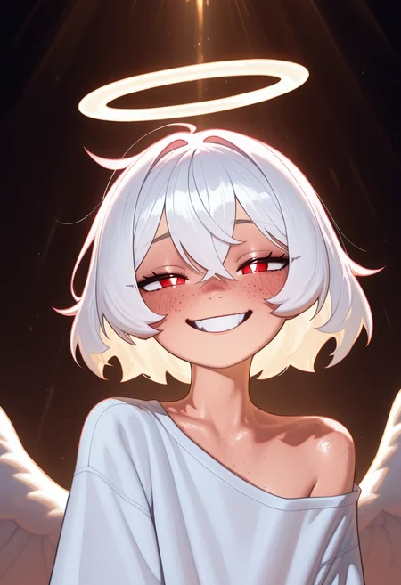 <lora:MilkshakeMix_Test_v10_Merged5:0.85>,
1girl, oversized shirt, angel, wings, white hair, red eyes, blush, smiling, portrait, halo, bare shoulder, petite, medium hair, freckles, detailed lighting, sunbeam, volumetric lighting,
BREAK masterpiece, best quality, newest, very awa, highres, absurdres,