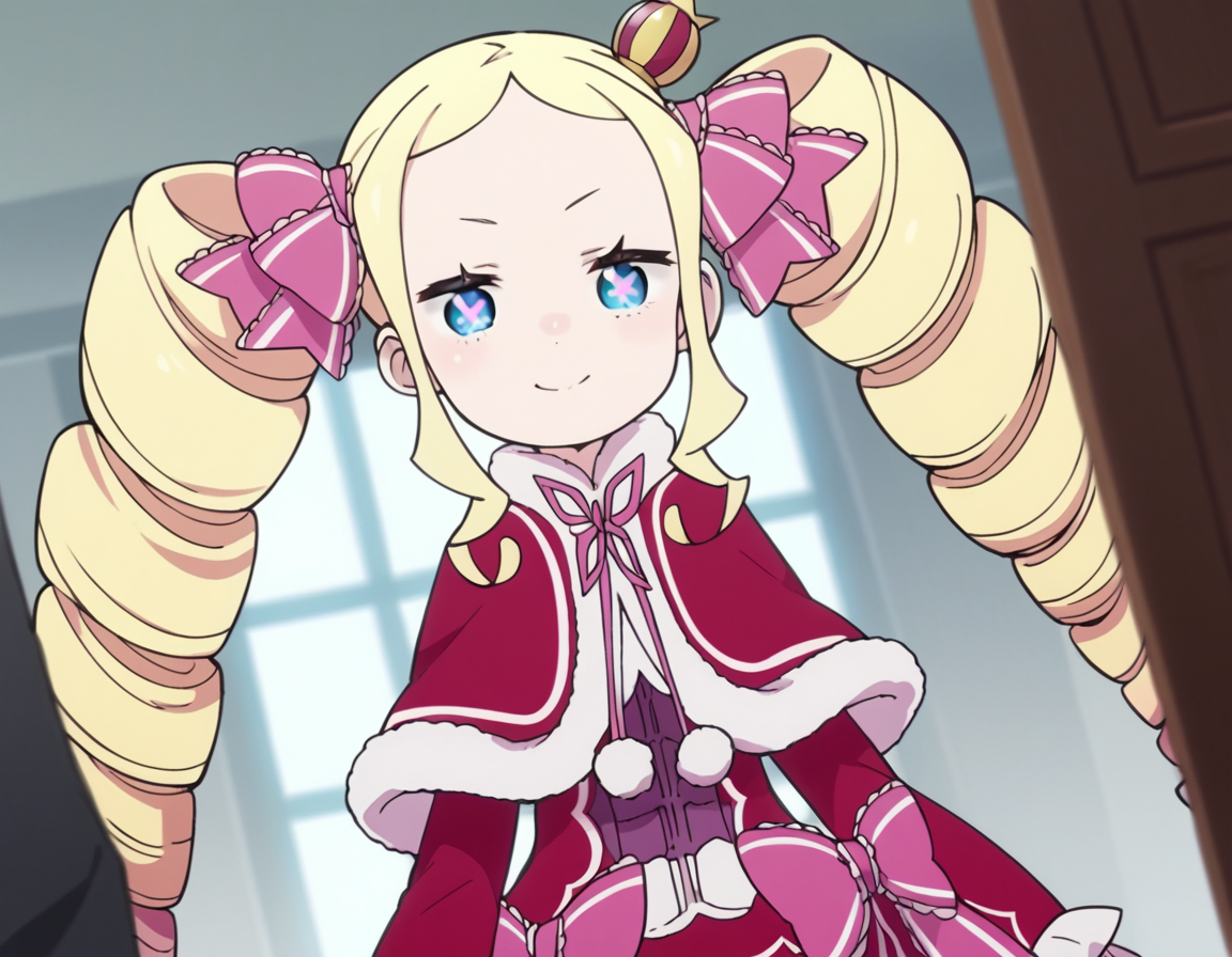 score_9, score_8_up, score_7_up, source_anime, <lora:rezero-beatrice-s3-leak-ponyxl-lora-nochekaiser:1>, beatrice, long hair, blue eyes, blonde hair, twintails, hair ribbon, sidelocks, symbol-shaped pupils, drill hair, twin drills,, dress, ribbon, fur trim, capelet, crown, mini crown, red capelet, frills, bowtie,, indoors, smile, looking at viewer, solo,, cowboy shot, dutch angle