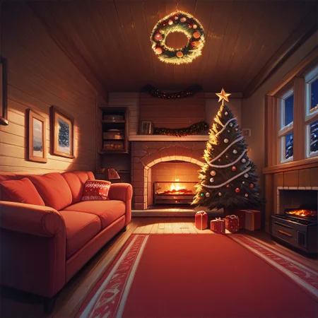 score_9, score_8_up, score_8_up, score_6_up, chrlib, scenery, indoors, living room, night, oven, christmas tree, christmas ornaments, red carpet, cyan