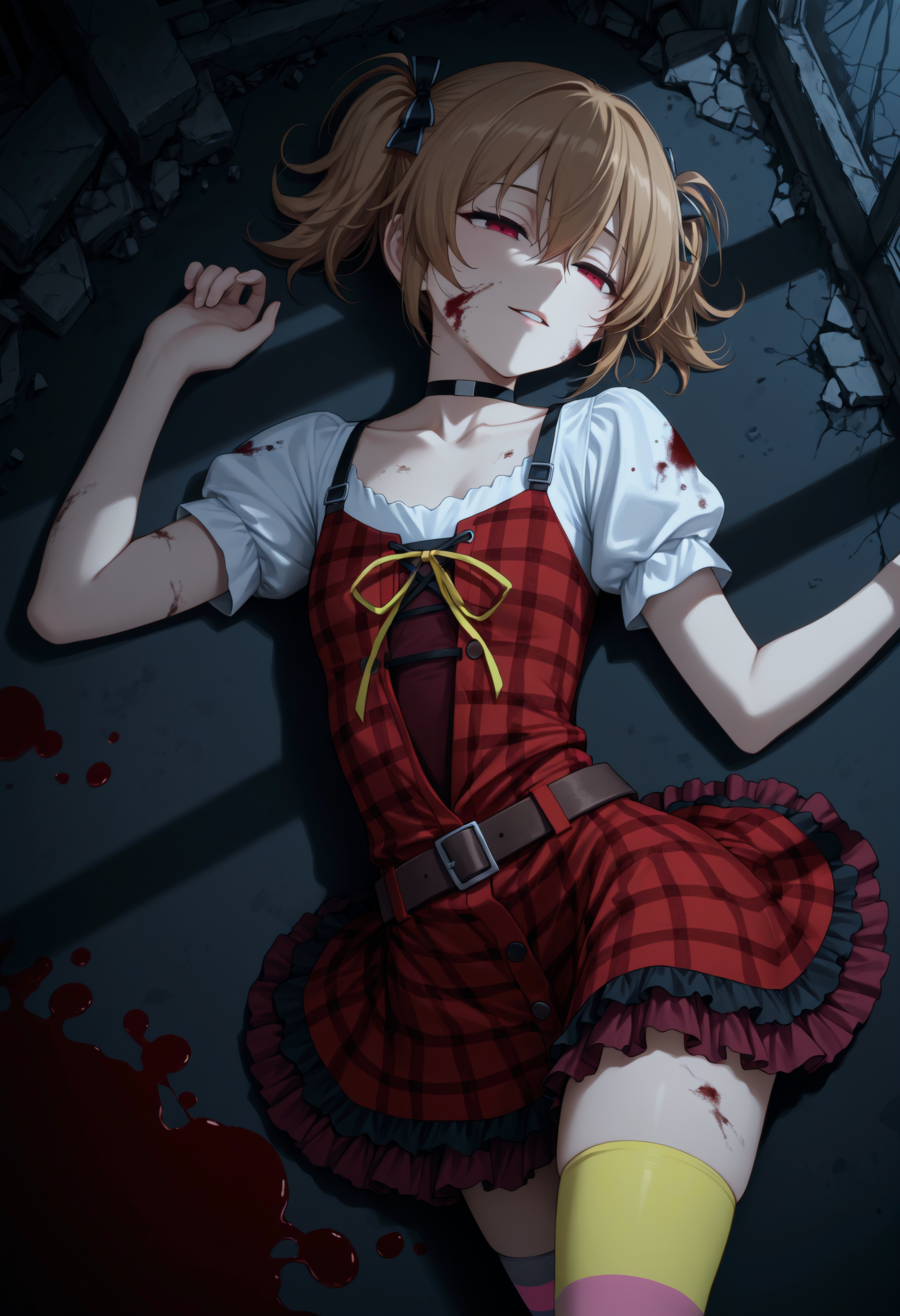 solo, 1girl, <lora:Irisu_Makina_20:1>, red eyes, brown hair, hair between eyes, short hair, short twintails, hair bow,
M4k1Cas, black bow, choker, collarbone, pinafore dress, red dress, plaid dress, belt, white sleeves, short sleeves, puffy sleeves, ribbon, layered skirt, mismatched legwear, asymmetrical legwear, pink striped thighhighs, yellow thighhighs, 
window shadow, dark, dark theme, from above, on ground, lying, on side, half-closed eyes, light smile, parted lips, pool of blood, ruins, dirty clothes, blood on face, very awa, masterpiece, best quality, highres, absurdres