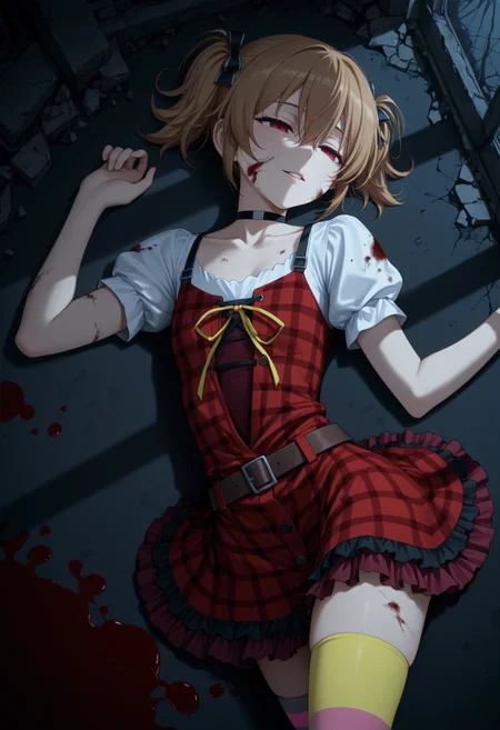 solo, 1girl, <lora:Irisu_Makina_20:1>, red eyes, brown hair, hair between eyes, short hair, short twintails, hair bow,
M4k1Cas, black bow, choker, collarbone, pinafore dress, red dress, plaid dress, belt, white sleeves, short sleeves, puffy sleeves, ribbon, layered skirt, mismatched legwear, asymmetrical legwear, pink striped thighhighs, yellow thighhighs, 
window shadow, dark, dark theme, from above, on ground, lying, on side, half-closed eyes, light smile, parted lips, pool of blood, ruins, dirty clothes, blood on face, very awa, masterpiece, best quality, highres, absurdres