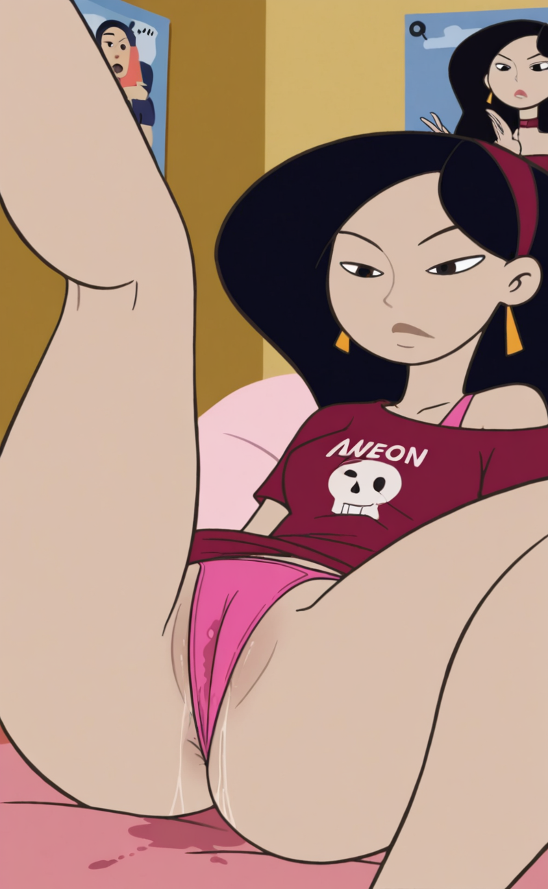 masterpiece, best quality, high quality, 

1girl, KyokoYoshiko, flat colors, parody, score_9, black hair, black eyes, red hairband, 

tee shirt of shoulder, (neon panties), lying on back, legs spread, one knee up, close up, suggestive pose, pussy juice, cute girly bedroom, posters,