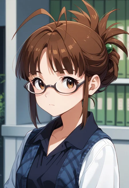 score_9,score_8_up,score_7_up,best quality, 4k, rating_safe, very aesthetic, source_anime,,akizuki ritsuko,antenna hair,folded ponytail,glasses,brown eyes,short hair,