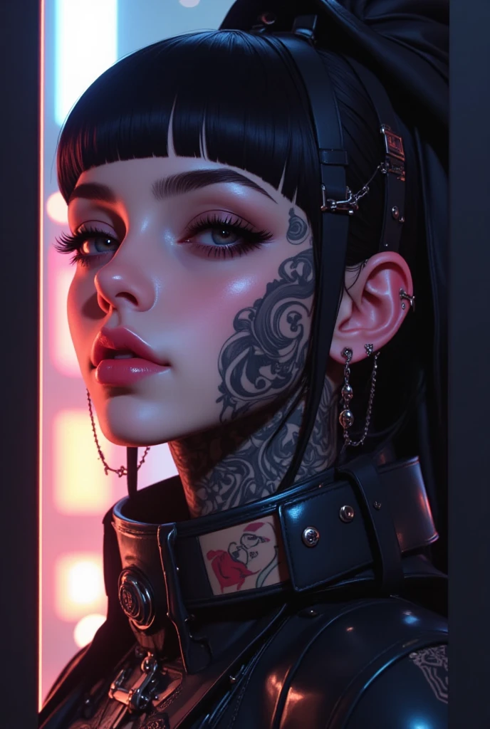 ((centered image,  a close-up of a woman with tattoos on her neck and face , Beautiful face of a cyberpunk girl, great digital art with details,  she wears glasses you can see the reflection in the glasses of the glasses :1.5)), digital art.  highly detailed , Detailed woman,  full lips in Angelina Jolie style ,  long false eyelashes ,  eye makeup blushed lips and cheeks ,  she wears earrings all over her ear like piercings and in the ovum of her ear she has an embedded ring, a piercing on her lips and nose ,  hyperrealistic art style , Brandon Woelfel, tattooed face, tattoos and piercings, realistic digital art 4k, realistic digital art 4 k, tattoo style, cyberpunk art style, Girl with glasses , chiaroscuro, cinematic lighting, Optical illusion, HD, UHD, Retina, masterpiece, Accurate, Anatomically correct, textured skin, Super detail, high details, high quality,  award winning , best quality, highres, 1080P, HD, 16K