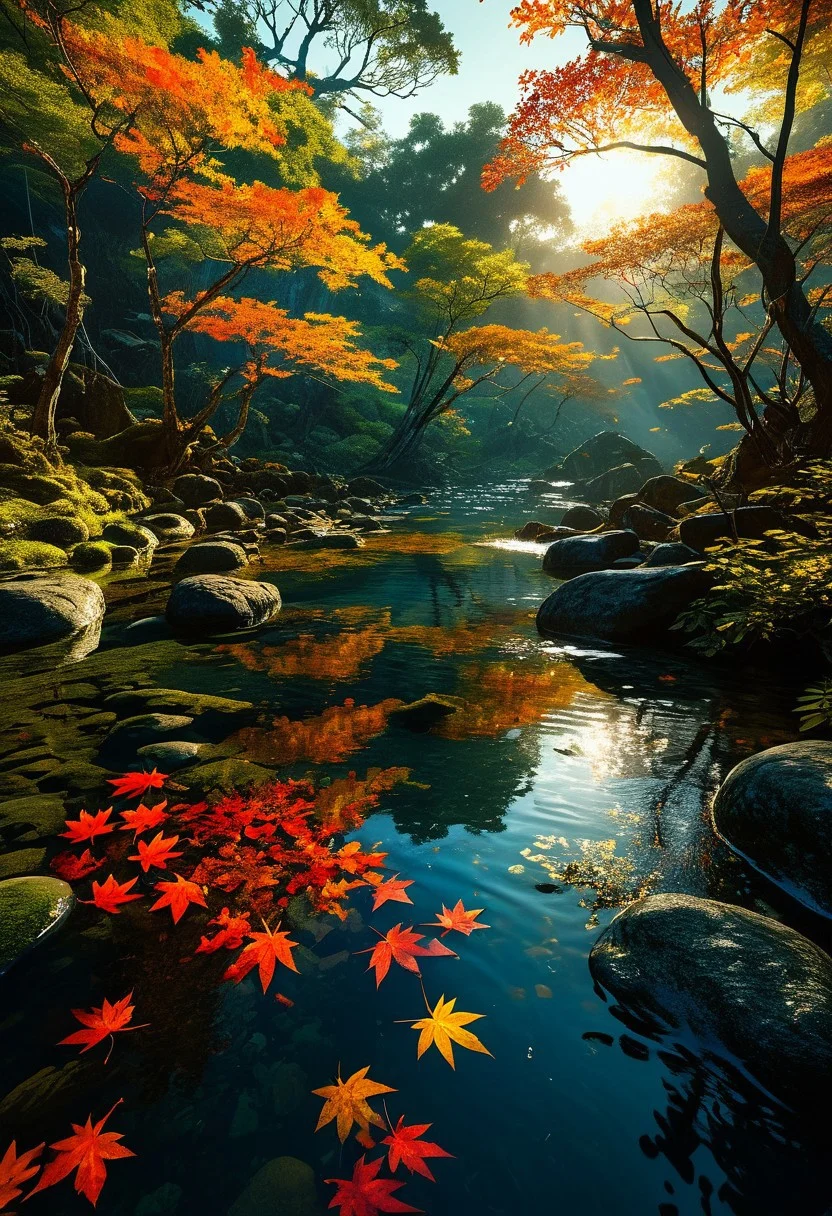 (clear plunge pond in a magical claustrophobic forest with numerous overgrown trees with water surface completely blanketed in lots of floating autumn maple leaves:1.28), (filled with saturated multicolored vibrant stone boulders at the bottom of pond lit with caustics:1.2) (with mossy floating log and waterholes and glowing corals at the bottom of riverbed:1.24), afternoon (moody atmosphere:1.08) golden (hour with godrays shining through dark canopy branches:1.2), (bioluminescent-shikoku gleams:), (prismatic cohesive color grading), 4k, highres, best quality, dramatic, cinematic, epic, (concept art, digital art, realistic, professional masterpiece, raised view, dutch angle, establishing far shot, dynamic shot, (curvilinear perspective), sharp clarity:1.2), fine intricate details, great lighting, dappled soft lighting, volumetric lighting, detailed highlights, rim lighting