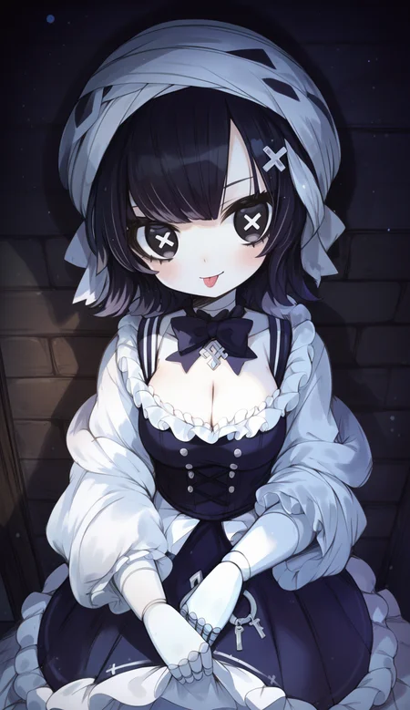 (score_9, score_8_up, score_7_up), (masterpiece), best quality, (4K), (cinematic lighting), highly detailed, 8K, UHD, ultra detailed, immersive picture, vivid colors, volumetric light, cinematic light, extremely detailed CG, absurdres,
1girl, :p, bandaged head, blood on wall, blush, border, bow, buttons, center frills, cleavage, closed mouth, cross-shaped pupils, diamond hair ornament, dress, empty eyes, frilled dress, frilled shawl, goth fashion, joints, ketopon, key, light particles, long sleeves, looking at viewer, medium hair, monster girl, multicolored hair, sidelocks, solo, tongue out, white skin, x-shaped pupils <lora:EridollP:1>