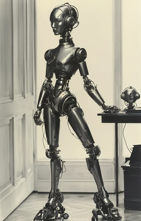 masterpiece,best quality,<lora:tbh316-sdxl:0.9>,illustration,style of Bill Blass portrait of Housework robots