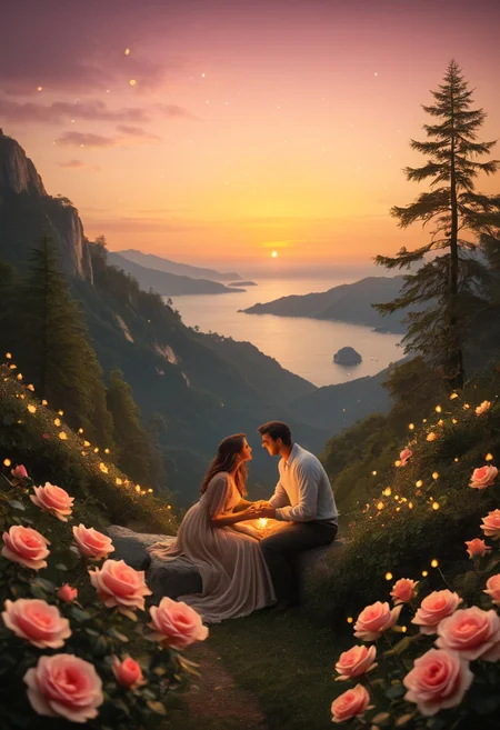 Rose,
romantic couple, scenic landscape, golden sunset, ocean view, mountain peak, enchanted forest, fireflies, soft lighting, warm tones, intimate atmosphere, dreamy, cinematic composition, nature and romance.