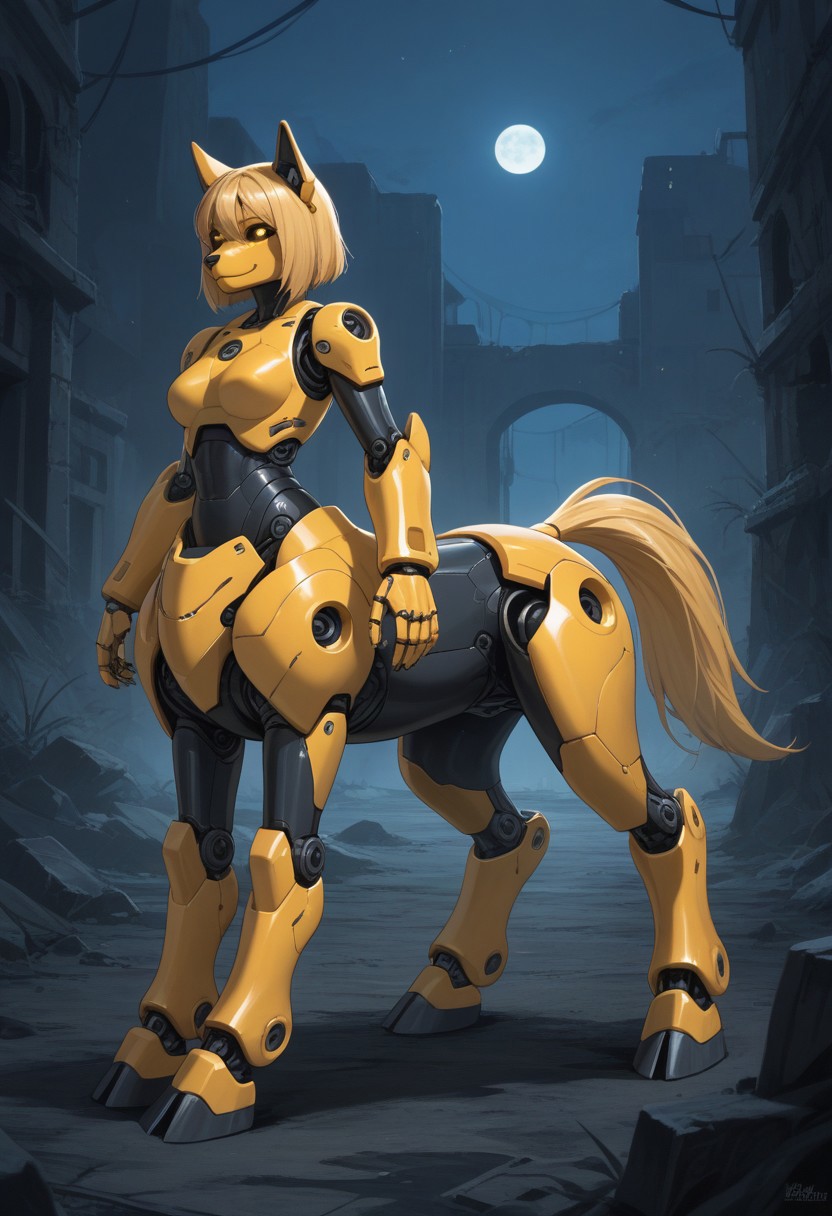 score_9,score_8_up,score_7_up,score_6_up,score_5_up,score_4_up, BREAK Golden retriever, robot, centaur, solo, smile, industrial ruins, night, hooves, yellow horse tail, Robot girl, Mecha, Android, mechanical limbs, robot joints, yellow metal skin, black sclera, no mouth, armor, glowing eyes, furry, blonde hair, dog head