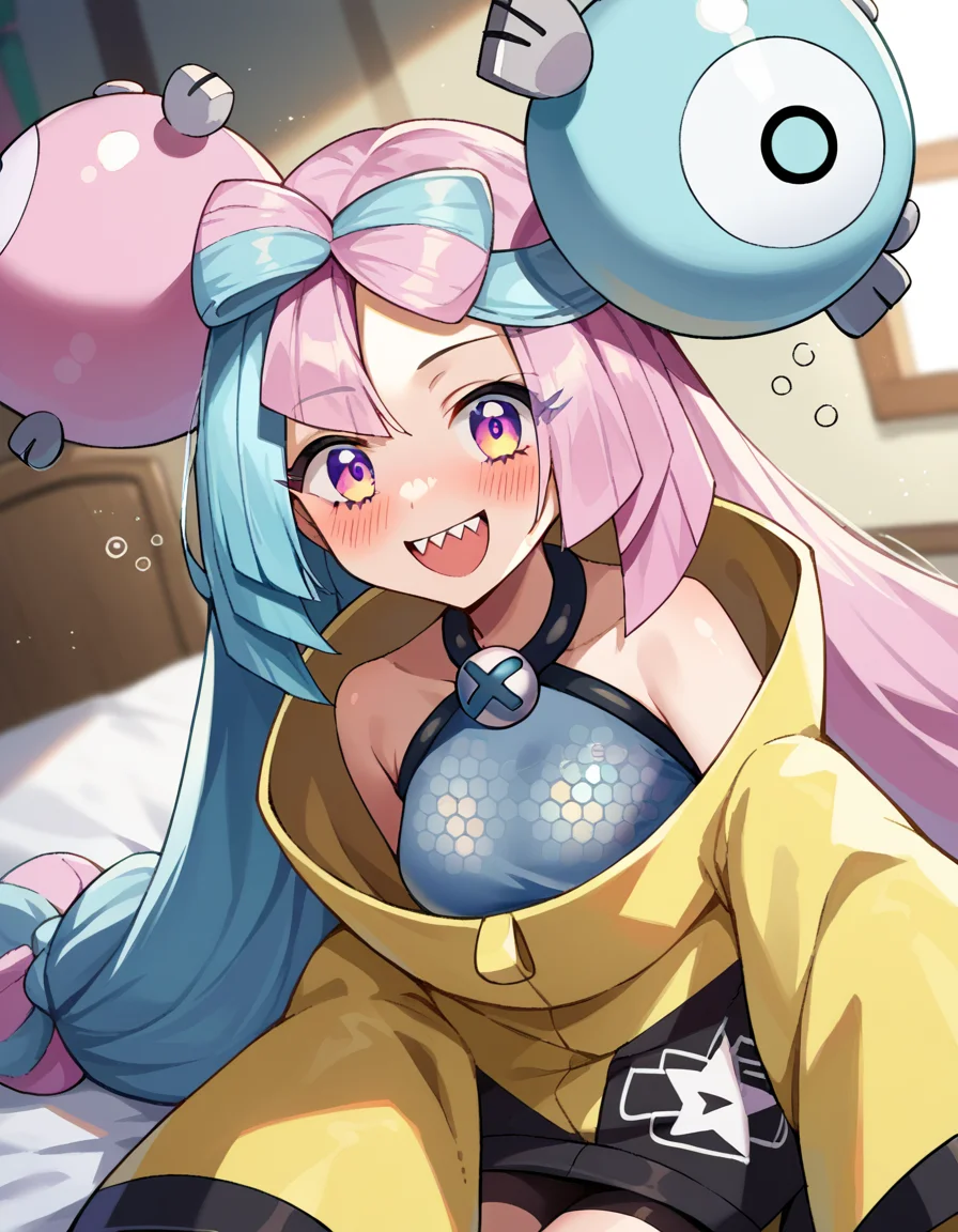 score_9, score_8_up, score_7_up, source_anime,
pokemoniono, <lora:pokemon-iono-ponyxl-lora-nochekaiser:1>
pokemon iono, blue hair, bow-shaped hair, character hair ornament, hair ornament, long hair, low-tied long hair, multicolored hair, pink hair, sharp teeth, split-color hair, twintails, two-tone hair, pink eyes, smile,
asymmetrical legwear, bell, bow-shaped hair, character hair ornament, hexagon print, oversized clothes, pantyhose, single leg pantyhose, split-color hair, jacket, yellow jacket,
indoors, bed, bed room, on side, blush, drunk,
looking at viewer, cowboy shot, dutch angle,