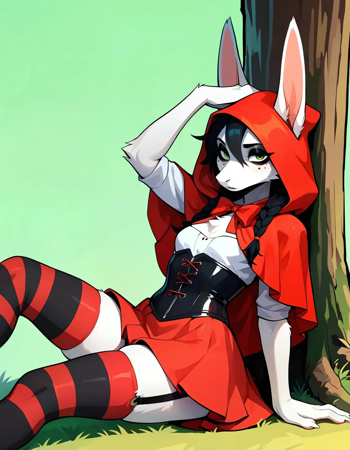 masterpiece, best quality, anime, flat color,absurd res, newest, hi res, very awa, very aesthetic, (cosplay photo:1.1),
BREAK, FreyaC, female, white fur, green eyes, tail, ears, anthro, furry, three quarter view, BREAK, little red riding hood, red clothing, bottom heavy, freckles, black hair, black eyeshadow, twin braids, striped thighhighs, garter straps, skindentation, miniskirt, short skirt, corset, small breasts, forest, sitting on ground, against tree, tree, under tree, dazed, rubbing head, hand on head, defeat, green background, mysterious, looking at viewer, leaning back, tired,
<lora:Freya v11bNoob9s96:0.8>