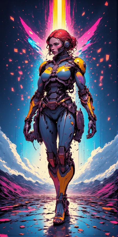 neonpunk, abstract energy surge, beautiful caucasian redhead cyborg girl watching falling stars, stars fall from the sky at the end of the world, <lora:CPA:1> <lora:BLUE_mk4_angel_FLUX_01:1.4> <lora:ck-Neon-Retrowave:1> <lora:Flux_Ultimator:1>