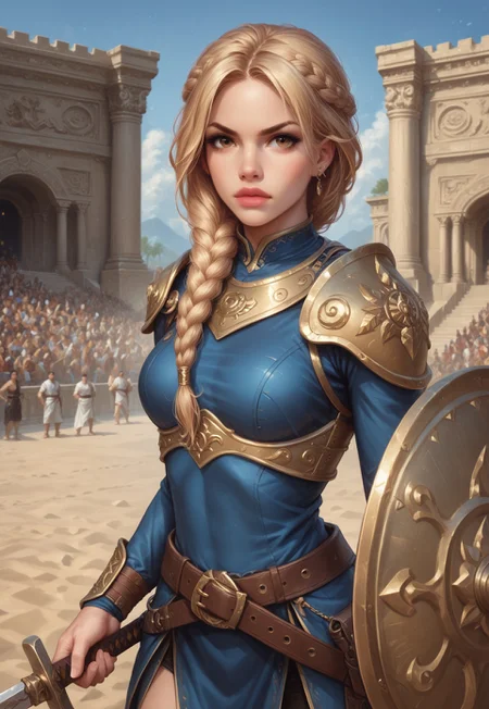 safe_pos, score_9, score_8_up, score_7_up, score_6_up, fierce gladiator, battle armor, shield and sword, long braided hair, realistic, cinematic angle, cinematic lighting, muscular body, determined face, piercing brown eyes, combat pose
BREAK
fighting in a grand arena
BREAK
source_historical_art, rating_explicit, expressive, upper body, dynamic pose
BREAK
detailed beautiful background, ancient coliseum, cheering crowd, sandy arena, dramatic sky, intense atmosphere