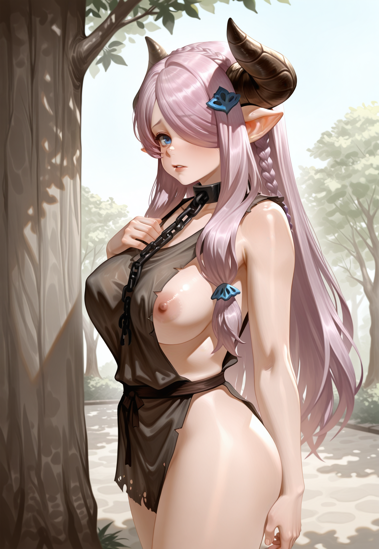 dokomon:0.8, (kairunoburogu:0.8), (tianliang duohe fangdongye:0.6, ciloranko:0.3), 
1girl, solo, mature female, expressionless, sad, parted lips, slave clothes, torn clothes, one breast out, slave, collar, broken chain, ( narmaya \(granblue fantasy\), ) sideboob, hand on own chest, 
outdoors, tree, 
masterpiece, best quality, amazing quality, very aesthetic, absurdres, best shadows, newest, dynamic pose:0.5, from side:0.1,   <lora:slave_clothes:1>
