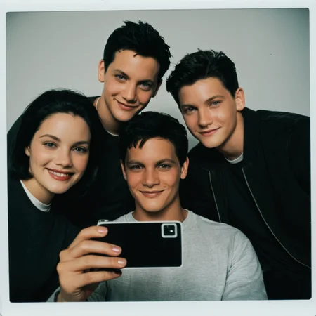 <lora:add-detail-xl:1>
<lora:detailed:0.3>
<lora:perfection style:0.3>
<lora:xl_more_art-full_v1:0.3>
<lora:Donnie Darko film style:1>
a man and two women in front sitting next to each other taking a selfie with Polaroid,looking at viewer,smile,short hair,black hair,male focus,multiple boys,2boys,armor,lips,book,3boys,realistic , cinematic, film, Donnie Darko film style