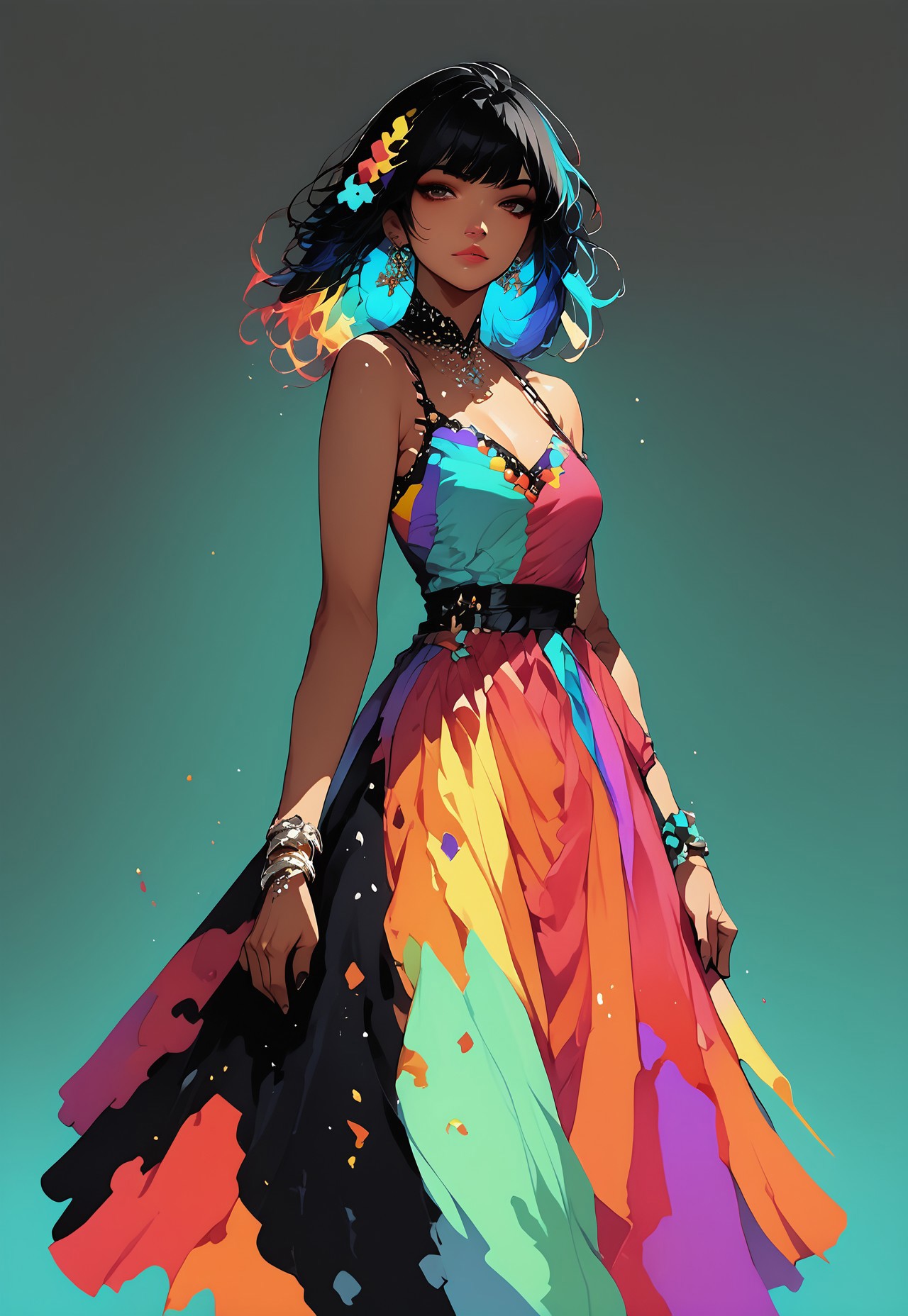 score_9_up, score_8_up, score_7_up, FFDAC, 1girl, long multicolored dress, black hair, colorful dress