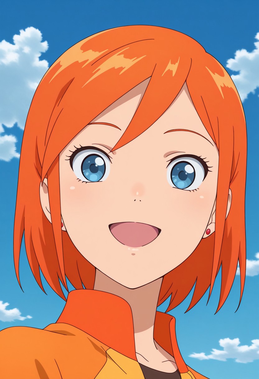 masterpiece, best quality, source_anime,official art,perfect_anatomy,luna,1girl,blue eyes,short hair,orange hair,earrings,jewelry,jacket,looking_at_viewer,smile,open_mouth,portrait,day,blue_sky,cloud