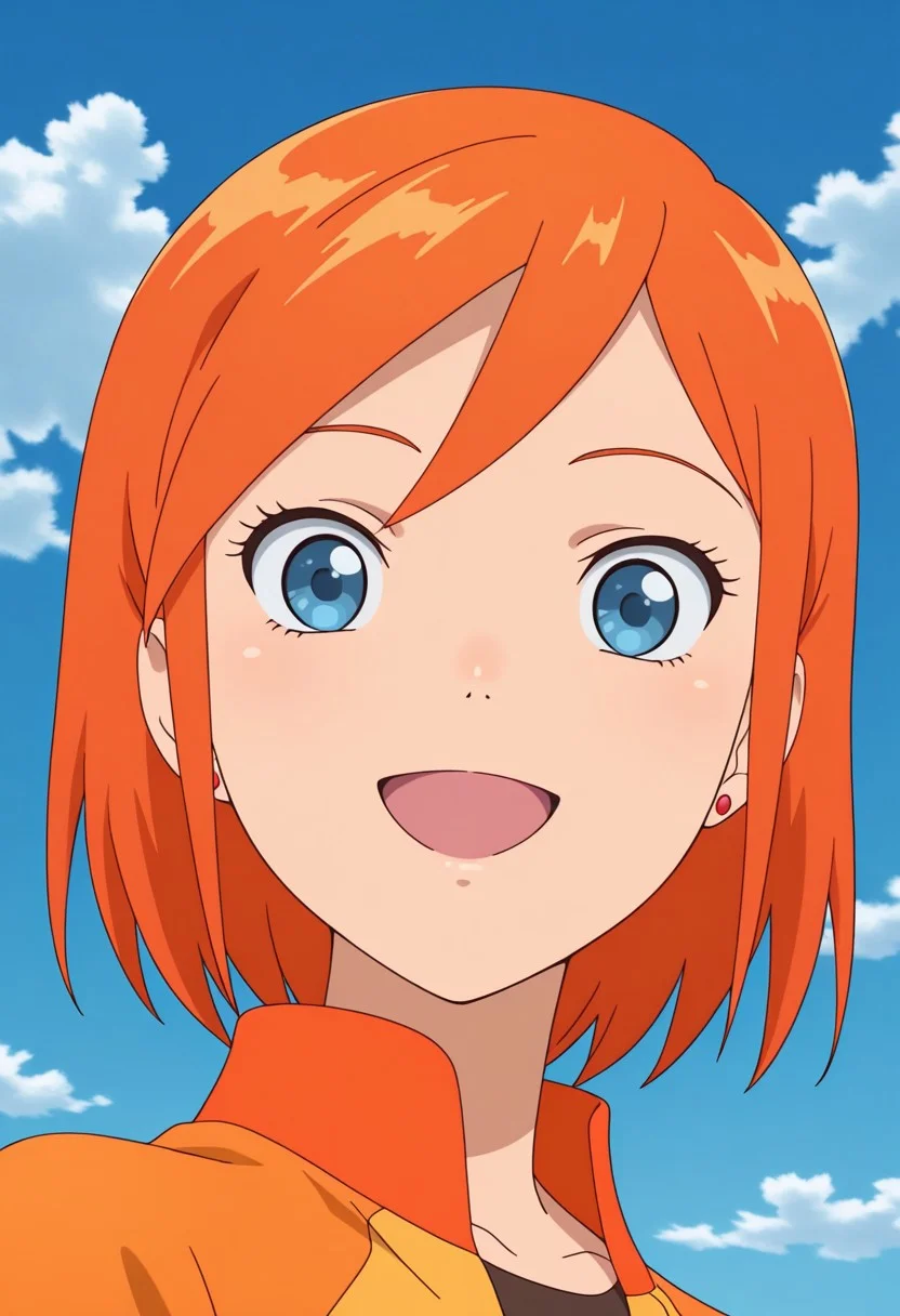 masterpiece, best quality, source_anime,official art,perfect_anatomy,luna,1girl,blue eyes,short hair,orange hair,earrings,jewelry,jacket,looking_at_viewer,smile,open_mouth,portrait,day,blue_sky,cloud