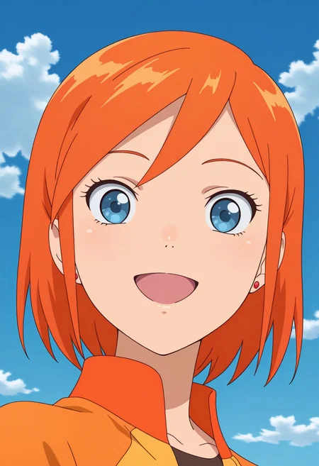 masterpiece, best quality, source_anime,official art,perfect_anatomy,luna,1girl,blue eyes,short hair,orange hair,earrings,jewelry,jacket,looking_at_viewer,smile,open_mouth,portrait,day,blue_sky,cloud