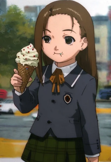 score_7_up, score_8_up, score_9, anime screencaps, 1girl, solo, <lora:Iwakura_Mika_PDXLv0-e40:0.9>, iwakura mika, shoolgirl uniform, neck ribbon, green plaid skirt, chibi, ((eating ice cream)), looking away, cute, smile, school background