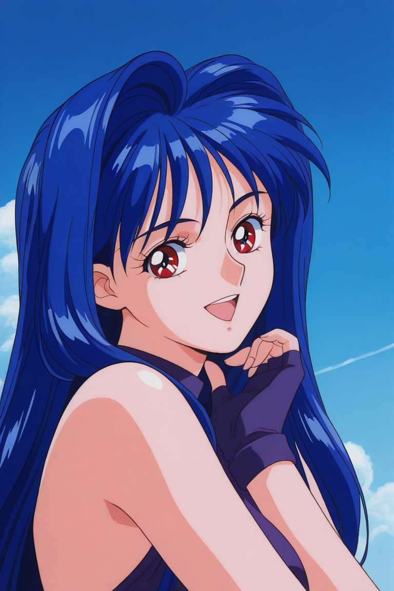 masterpiece, best quality, source_anime,official art,perfect_anatomy,1990s_\(style\),retro_artstyle, fancy_lala,1girl,blue hair,long hair,bare shoulders,fingerless gloves,(beautiful detailed face,looking_at_viewer,smile,open mouth),upper body,day,blue_sky,cloud