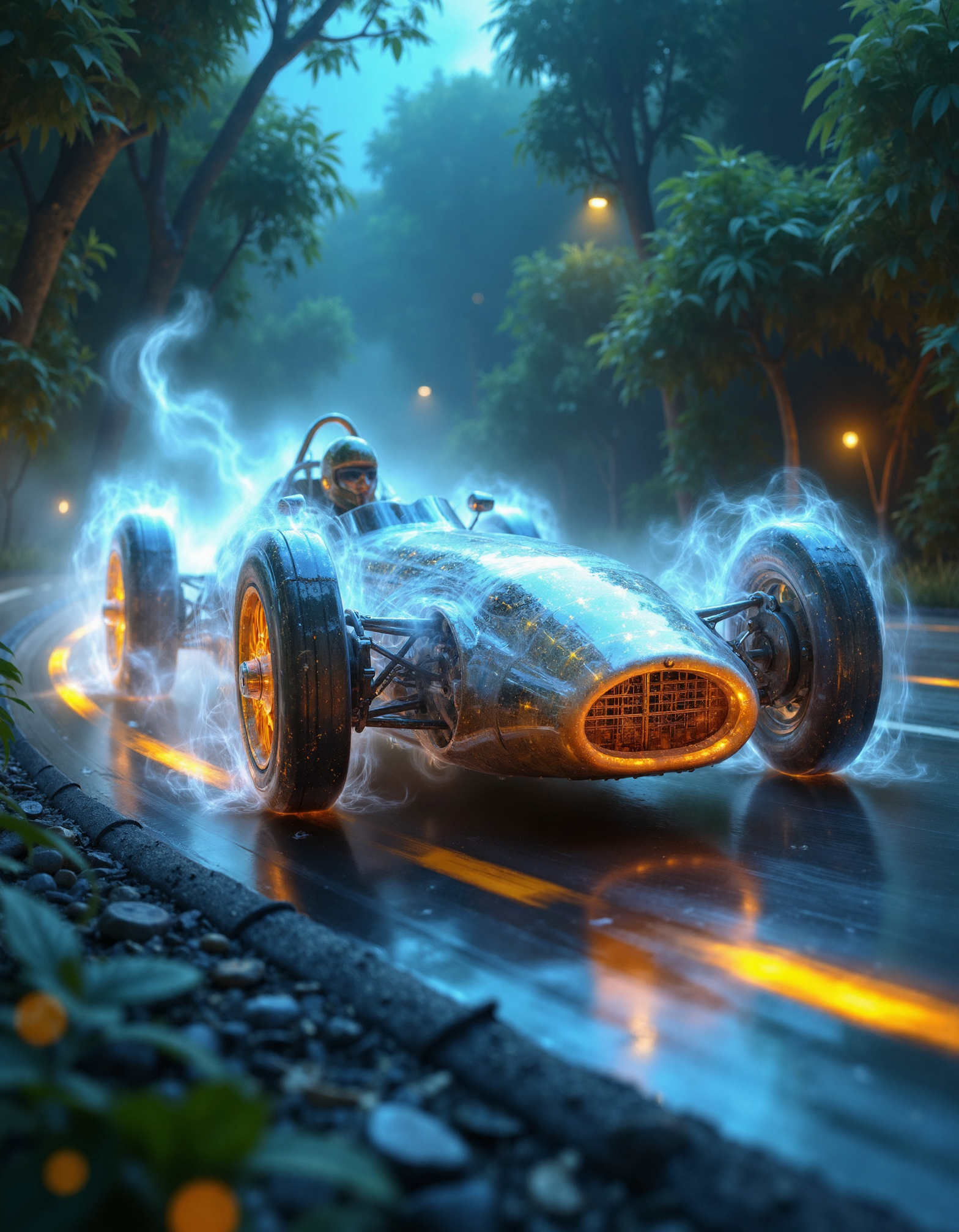 zavy-ghst, Close-up shot from a low angle focusing on the intricate details of a translucent vintage Formula One car, the car ghost is composed of swirling, ethereal smoke that hints at the classic design while capturing a sense of motion, it's drifting through a twisty, illuminated racetrack surrounded by bioluminescent flora, capturing the essence of high-speed racing with a dreamy, cinematic quality, the color palette features vibrant blues and glowing greens illuminated by soft golden highlights and deep shadows.
