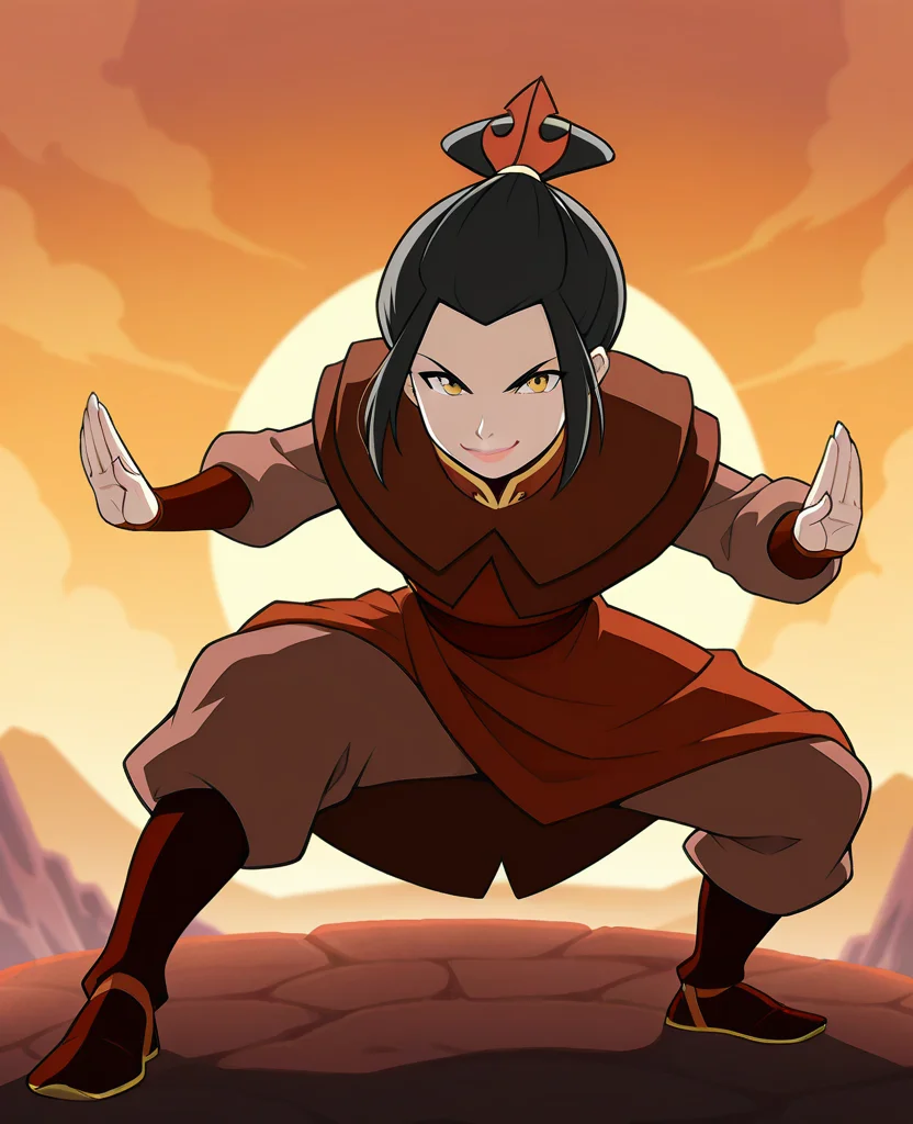 masterpiece, best quality, amazing quality, highres, absurdres, <lora:Azula_2_outfits_ILLUS-000009:0.9> , azula1, 1girl, black hair, long sleeves, azula \(avatar\), yellow eyes, boots, single hair bun, topknot, capelet, short hair, sidelocks, uniform, portrait, close up, looking at viewer, smile, standing, fighting stance, lips, full body,