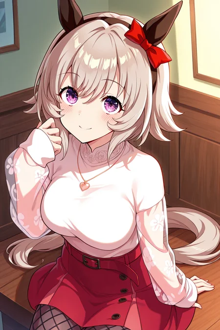 masterpiece,best quality,very aesthetic,absurdres,highres,newest,official art,official style,
1girl,solo,
crc casual, curren chan (umamusume),
animal ears, belt, black pantyhose, blush, bow, ear bow, ear covers,
fishnet pantyhose, fishnets, grey hair, hair between eyes, horse ears, horse girl,
pantyhose, purple eyes, red belt, red bow, red skirt, short hair, skirt,
sweater, white sweater, bangs, black hairband, eyebrows visible through hair,
hairband, highres, horse tail, long sleeves, see-through, see-through sleeves,
shirt, tail, violet eyes, sleeves past wrists, black legwear,
eyebrows behind hair, hair ribbon, headband, ribbon, silver hair,
jewelry, necklace, heart necklace,
eye_focus,<lora:eye_focus:1>,
<lora:umamusume_curren_chan_ill_v1.0:1>,