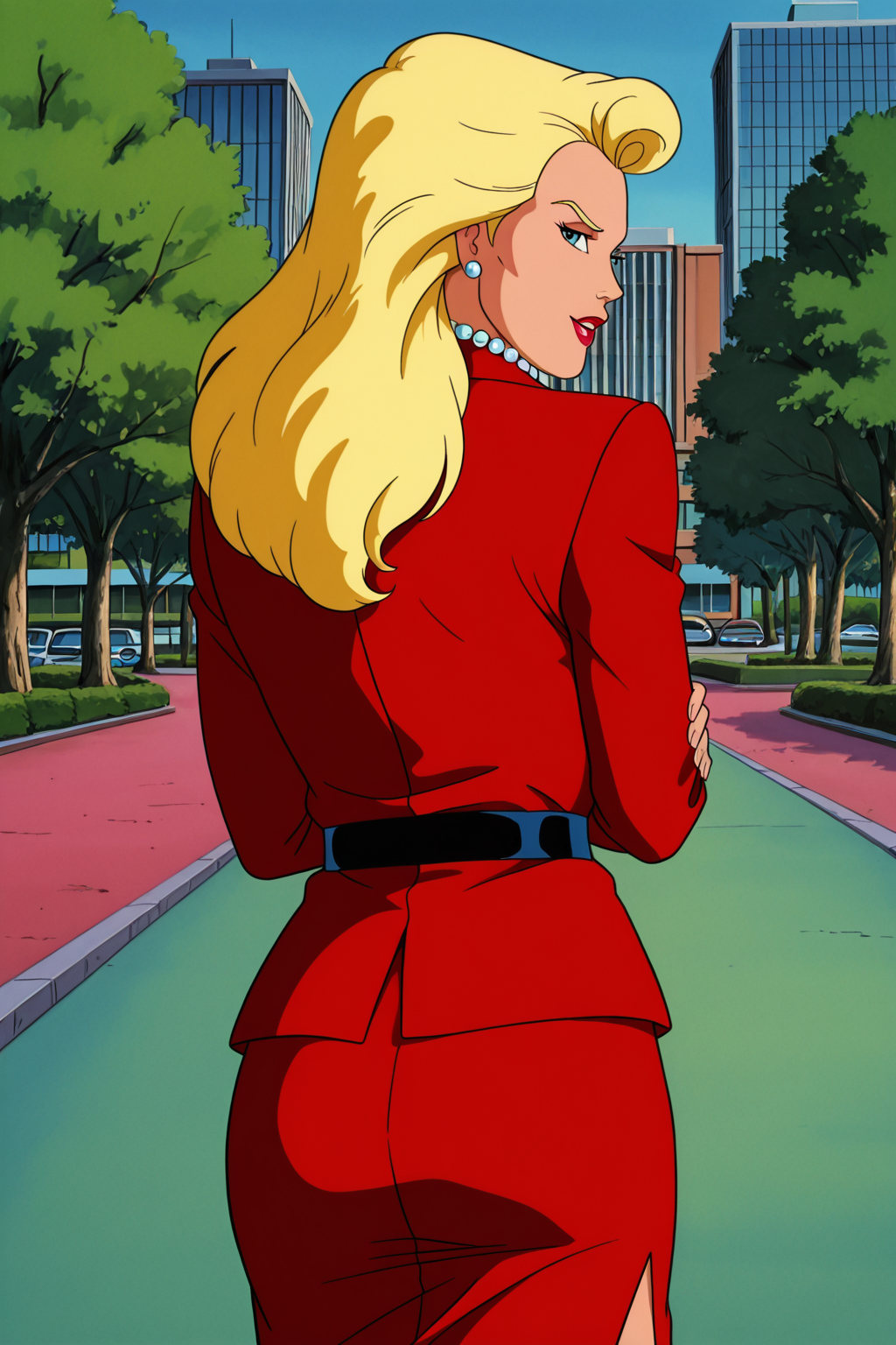((parody, retro artstyle), perfect anatomy, perfect eyes, cowboy shot, from behind) BREAK <lora:InvisibleWomanIL:1> susan storm, long hair, blonde hair, blue eyes, lipstick, sultry eyes, seductive face, ((looking back at viewer)), jewelry, pearl necklace, formal, red suit, jacket, red skirt, pencil skirt, showing off body, teasing viewer, arms crossed, city park, outdoors