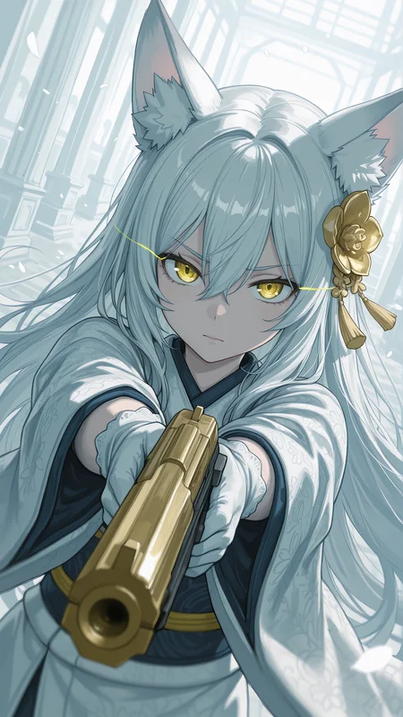 1girl, animal ears,close up, weapon,eye trail, solo, holding,aiming at viewer, hair between eyes, gun, long hair, looking at viewer,gold engraving, marble weapon, white hair, holding handgun, bangs, petals, japanese clothes, flower, closed mouth, hair ornament, animal ear fluff, kimono,gold hair flower, upper body,limited palette,dynamic action, gloves, blurry, very long hair, depth of field, white gloves, dynamic pose, dynamic composition,dutch angle, depth of field,white_theme,detailed backgroud,foreshortening,blurry edges, <lora:Honjou_Raita_Style_Illustrious-XL:0.35> <lora:ebonyxh_style_LoRA_for_Illustrious:0.3> <lora:HewsHews_Hack_artist_style_-_Illustrious_V2:0.2> <lora:omone_hokoma_agmV4-OIè§¦åè¯omone_hokoma_agm:0.25> <lora:Wada_Arco[style]-Illus:0.2> <lora:vicinekosty3:0.2> <lora:Artist_StyleBanpai_Akiraæ©æ¯ããã:0.2> <lora:Blade_&_SoulStylelluLYCO:0.65> <lora:HirameFishine_Illustrious:0.29> <lora:None:1.0>
