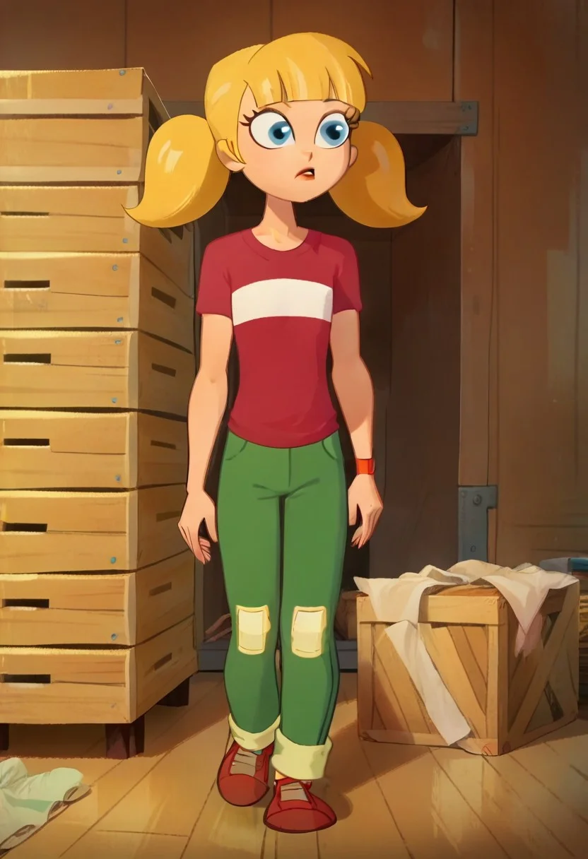 score_8, score_8_up, score_7_up, score_6_up, source_cartoon, DCSG Style BREAK, 1girl, solo, female focus, penny_ig, blonde hair, twintails, blue eyes, red shirt, stripe, green pants, knee patch, flat chest, full body, standing, warehouse background, crates, shelving,