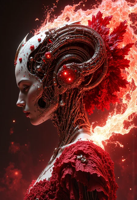 , 8K, fire ,red, flame,flame,explosion, , highly detailed, a beautiful ultra detailed of a beautiful profile, biomechanical cyborg,deamon cyborg woman with all ruby red dress, fantasy,, fantasy, intricate, elegant, highly detailed, , sharp focus, illustration,red black hole, MCSkin complex 3d render ultra detailed of a beautiful profile, biomechanical cyborg, analog, 150 mm lens, beautiful natural soft rim light, big leaves and stems, roots, fine foliage lace, colorful details, samourai, Boris Bidjan Saberi outfit, pearl earring, piercing, art nouveau fashion embroidered, intricate details, mesh wire, mandelbrot fractal, anatomical, facial muscles, cable wires, microchip, badass, hyper realistic, ultra detailed, octane render, volumetric lighting, 8k post-production, red and white with a bit of black, detailled metalic bones, semi human, iridescent colors, Glenn Brown style, white room, unreal