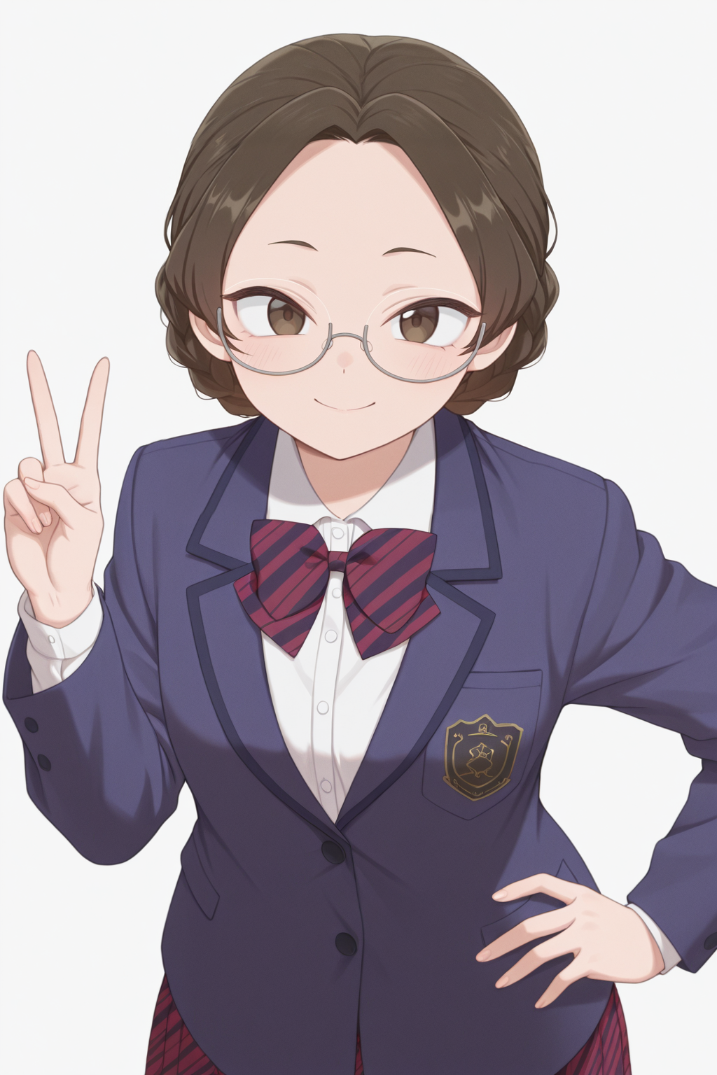 masterpiece, best quality, amazing quality, 1girl, k4t0um1kun1, short hair, brown hair, braid, brown eyes, glasses, school uniform, striped bowtie, blue jacket, white shirt, red skirt, aesthetic, white_background, looking_at_viewer, smile, standing, v, hand on own hip