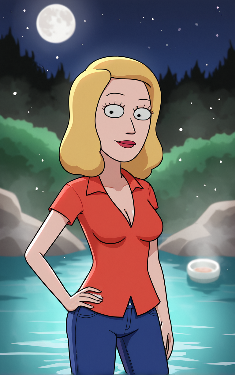 score_9, score_8_up, score_7_up, outdoors, solo, looking at viewer, BREAK 
(contrapposto, hand on hip), 
RedShirt_BethSmith_ownwaifu, 
1girl, blonde hair, constricted pupils, black eyes, eyelashes, lipstick, makeup, red lips, medium breasts, medium hair, colored skin, mature female, red shirt, cleavage, short sleeves, pants, collared shirt, jeans, blue pants, toon (style),
(wading, looking back), onsen, full moon, outdoors,<lora:PONYXL_MOM_BethSmith_ownwaifu:0.75>,
 depth of field, light particles,