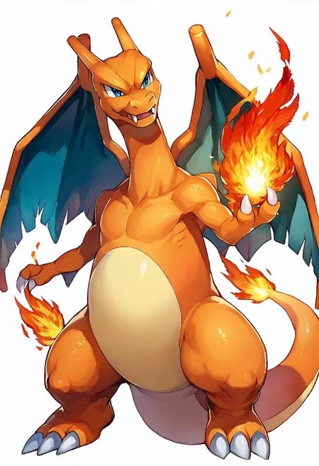 score_9, score_8_up, score_8, 
Charizard, no humans, 10s, creatures (company), fangs, fire, game freak, gen 1 pokemon, highres, nintendo, official art, pokemon, simple background, solo, sugimori ken, white background, wings, cowboy shot,