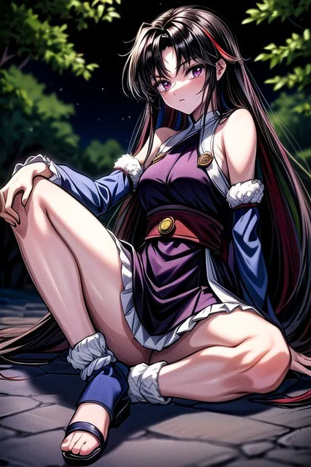 masterpiece, best quality 1girl Setsun4 solo long hair, (night time) forest background black hair very long hair purple eyes multicolored hair armor (fur trim) (medium body),<lora:EMS-179-EMS:0.800000>,<lora:EMS-293862-EMS:0.800000>ascot, bare shoulders, black footwear, detached sleeves, embellished costume, frills, japanese clothes, nontraditional miko, red skirt, sandals, sarashi, skirt, socks, armor, miko