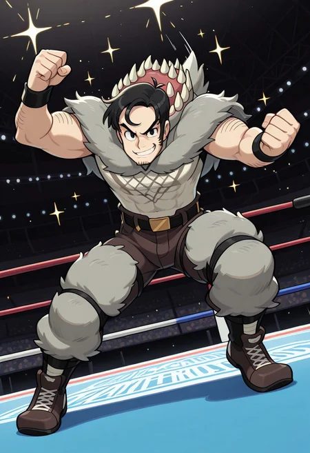 Dynamic pose, dynamic view, dynamic angle, cartoon source, solo, male focus, 1boy, beowulf, male,Black eyes, Black hair, sideburns, facial hair, mucular body, wolf suit, Upper body, official art, solo, fighting stance, full body, grin, looking at viewer, wrestling ring, stadium, sparkle,
perfect anatomy, masterpiece, perfect quality, best quality, detailed, newest, very aesthetic