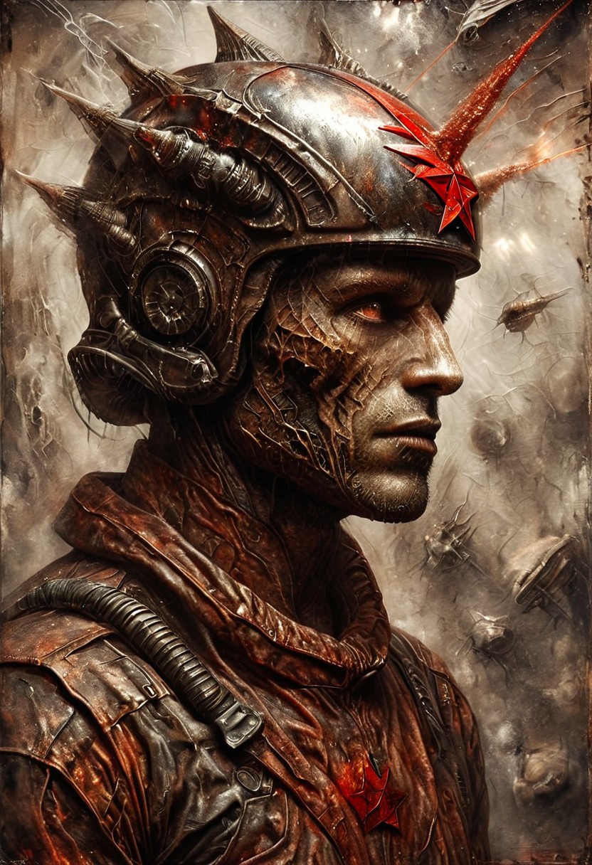 Space warrior portrait oil stains mixed with (((doom sleer))) caste. wearing a Soviet space suit with a red star on the helmet,USSR, H. R. Giger style but depicted as an oil painting, solo portrait, oil painting, masterpiece,best quality,style of H. R. Giger.