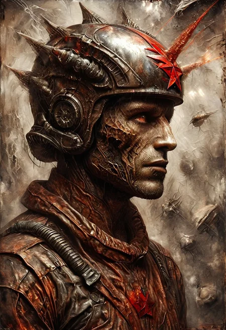 Space warrior portrait oil stains mixed with (((doom sleer))) caste. wearing a Soviet space suit with a red star on the helmet,USSR, H. R. Giger style but depicted as an oil painting, solo portrait, oil painting, masterpiece,best quality,style of H. R. Giger.