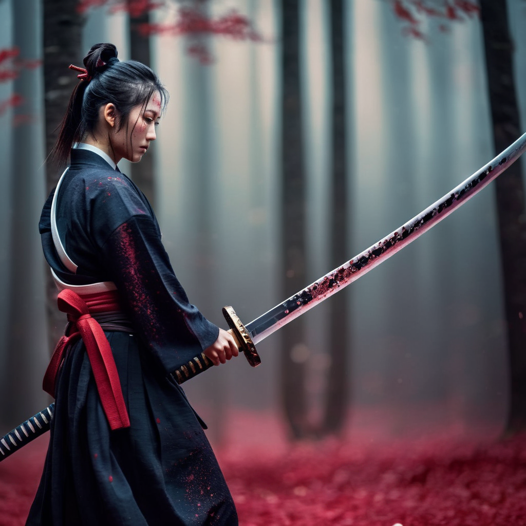 cinematic film still of  <lora:female samurai style:1.2>
an epic cinematic photo of a katana sword with blood splattered on it female samurai style, shallow depth of field, vignette, highly detailed, high budget, bokeh, cinemascope, moody, epic, gorgeous, film grain, grainy