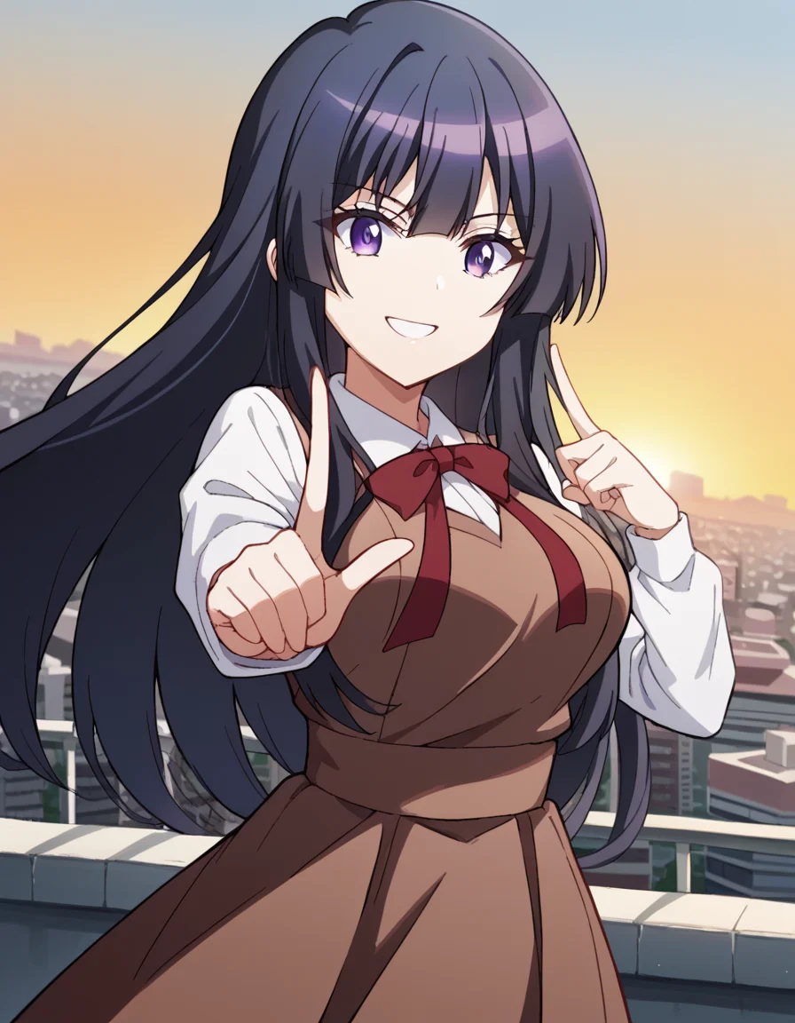 score_9, score_8_up, score_7_up, source_anime, <lora:spyroom-thea-s2-ponyxl-lora-nochekaiser:1>, thea, long hair, bangs, black hair, purple eyes, black hair, large breasts,, shirt, long sleeves, dress, bow, school uniform, white shirt, collared shirt, red bow, neck ribbon, brown dress, rooftop, sunset, cityscape, quiet moment, wind blowing, contemplative, smile, <lora:koi-dance-ponyxl-lora-nochekaiser:1>, koi dance, index finger raised, dancing, outstretched arm, pointing at viewer, pointing, pointing up,, looking at viewer, solo,, dutch angle, cowboy shot