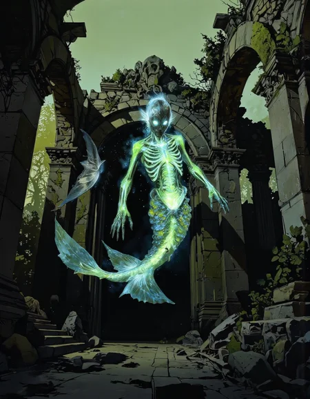 By Phandigrams. This is a highly detailed digital illustration depicting a haunting, ethereal mermaid figure. The mermaid, with a skeletal, ghostly appearance, has a translucent, glowing green body that contrasts with its dark, skeletal head and hands. Its elongated, fin-like tail is covered in scales that shimmer with an otherworldly glow. The mermaid's face is devoid of any features, with large, glowing white eyes that add a sinister yet captivating aura to its form.
The background is set in a decrepit, ancient ruin, with crumbling stone arches and pillars that are illuminated by a soft, greenish light. The ruins are overgrown with moss and small plants, adding to the eerie atmosphere. The sky is a muted, foggy green, contributing to the mystical ambiance.
The mermaid is positioned in the center of the image, floating slightly above the ground, as if it is hovering or levitating. The light emanating from its body creates an ethereal glow that contrasts with the dark, shadowy surroundings. The overall color palette is dominated by shades of green and black, with hints of blue and white, enhancing the mystical and haunting theme of the illustration. <lora:Phandigrams:1>