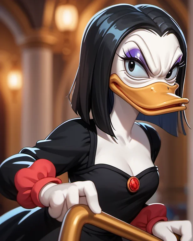 score_9, score_8_up, score_7_up, 1girl, solo, mdsdt1, duck, looking at viewer, beak, disgusted, pov, furry, black hair, black eyes, dress, makeup, furry female, eyeshadow, blurry background, toon \(style\), <lora:mdsdt1-000009:1>,